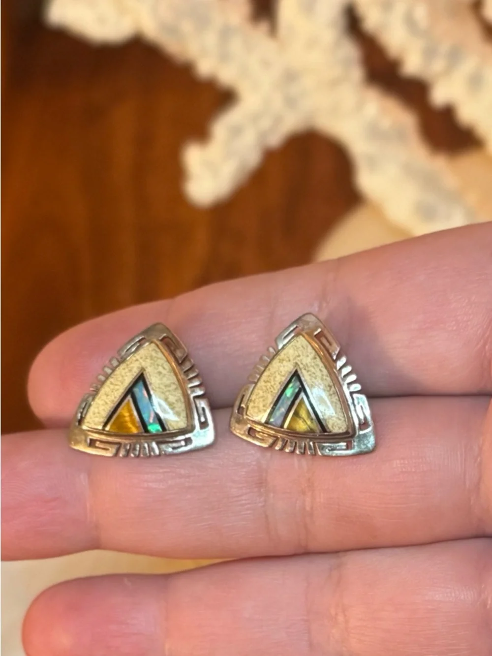 Native American Sterling VTG Inlay Earrings - Picture 9 of 16